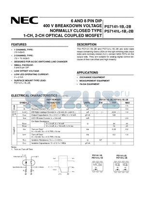 PS7141L-2B datasheet - 6 AND 8 PIN DIP 400 V BREAKDOWN VOLTAGE NORMALLY CLOSED TYPE 1-CH, 2-CH OPTICAL COUPLED MOSFET