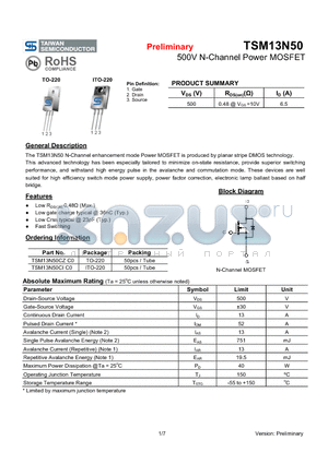 TSM13N50 datasheet - 500V N-Channel Power MOSFET