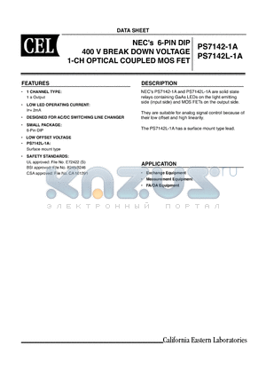 PS7142-1A datasheet - NECs 6-PIN DIP 400V BREAK DOWN VOLTAGE 1-CH OPTICAL COUPLED MOS FET