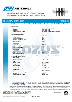 PE7313-20 datasheet - 20 dB Fixed Attenuator, 7/16 DIN Female To 7/16 DIN Female Directional Rated To 50 Watts Up To 7.5 GHz