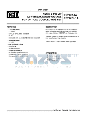 PS7142-1A datasheet - 6-PIN DIP 400 V BREAK DOWN VOLTAGE 1-CH OPTICAL COUPLED MOS FET