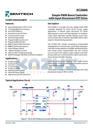 SC2604MSTRT datasheet - Simple PWM Boost Controller with Input Disconnect FET Drive