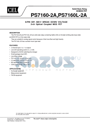 PS7160-2A-A datasheet - 8-PIN DIP, 600V BREAK DOWN VOLTAGE 2-cH Optical Coupled MOSFET