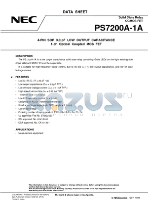 PS7200A-1A-E3 datasheet - 4-PIN SOP 3.0 pF LOW OUTPUT CAPACITANCE 1-ch Optical Coupled MOS FET