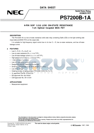 PS7200B-1A-E3 datasheet - 4-PIN SOP 1.0 W LOW ON-STATE RESISTANCE 1-ch Optical Coupled MOS FET