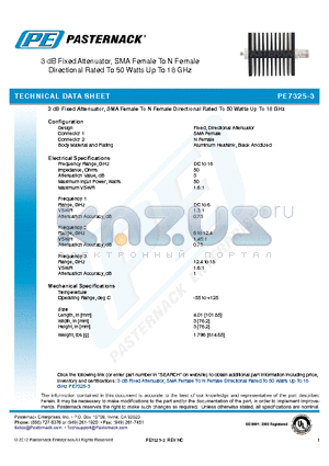 PE7325-3 datasheet - 3 dB Fixed Attenuator, SMA Female To N Female Directional Rated To 50 Watts Up To 18 GHz