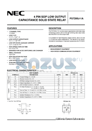 PS7200J-1A-E3 datasheet - 4 PIN SOP LOW OUTPUT CAPACITANCE SOLID STATE RELAY