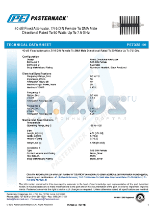 PE7328-40 datasheet - 40 dB Fixed Attenuator, 7/16 DIN Female To SMA Male Directional Rated To 50 Watts Up To 7.5 GHz