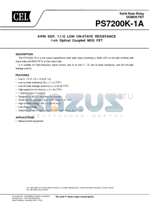 PS7200K-1A datasheet - 4-PIN SOP, 1.1 Ohm LOW ON-STATE RESISTANCE 1-ch Optical Coupled MOS FET