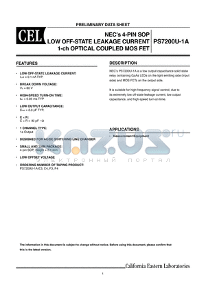 PS7200U-1A-F4 datasheet - NECs 4-PIN SOP LOW OFF-STATE LEAKAGE CURRENT 1-ch OPTICAL COUPLED MOS FET