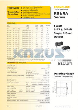 RB-1205D datasheet - 1 Watt SIP7 & DIP14 Single & Dual Output