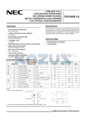 PS7205B-1A datasheet - 4 PIN SOP, 0.9 ohm, LOW ON-STATE RESISTANCE 80 V BREAK DOWN VOLTAGE, 500 mA CONTINUOUS LOAD CURRENT 1-CH OPTICAL COUPLED MOSFET