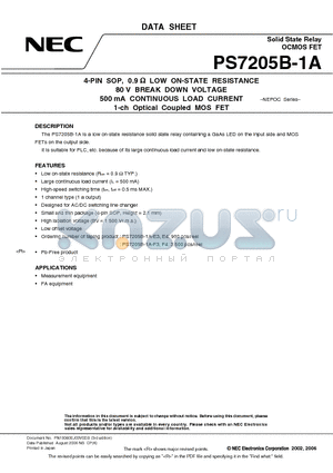 PS7205B-1A datasheet - 4-PIN SOP, 0.9 Y LOW ON-STATE RESISTANCE 80 V BREAK DOWN VOLTAGE 500 mA CONTINUOUS LOAD CURRENT 1-ch Optical Coupled MOS FET