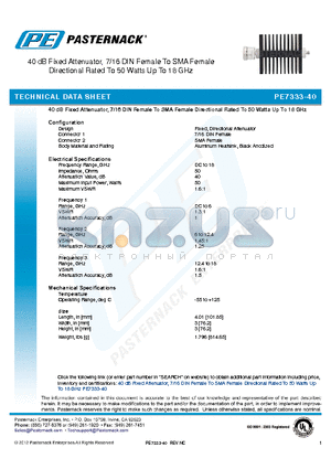 PE7333-40 datasheet - 40 dB Fixed Attenuator, 7/16 DIN Female To SMA Female Directional Rated To 50 Watts Up To 18 GHz