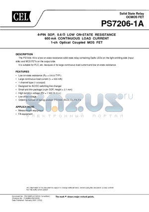 PS7206-1A-E3-A datasheet - 4-PIN SOP, 0.6 OHM LOW ON-STATE RESISTANCE 600 mA CONTINUOUS LOAD CURRENT 1-ch Optical Coupled MOS FET