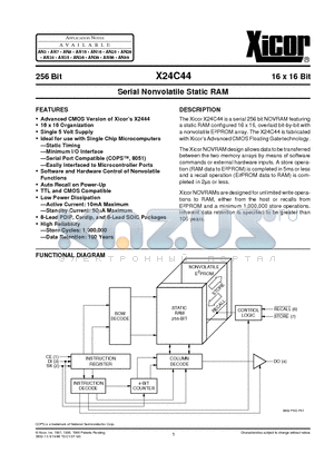 X24C44PI datasheet - Serial Nonvolatile Static RAM