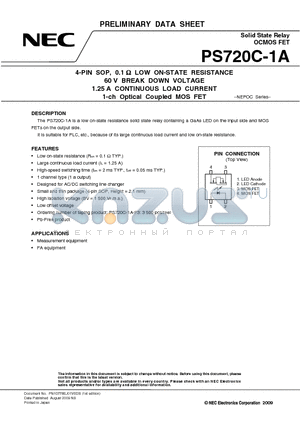 PS720C-1A datasheet - 4-PIN SOP, 0.1 Y LOW ON-STATE RESISTANCE 60 V BREAK DOWN VOLTAGE 1.25 A CONTINUOUS LOAD CURRENT 1-ch Optical Coupled MOS FET