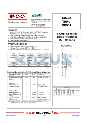 SR302 datasheet - 3 Amp Schottky Barrier Rectifier 20 - 40 Volts