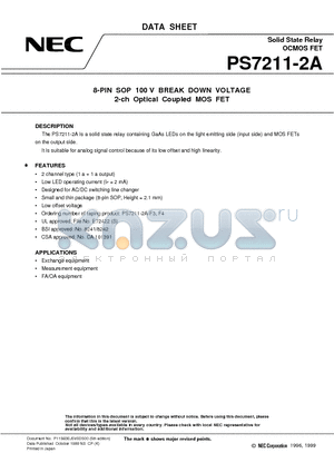 PS7211-2A datasheet - 8-PIN SOP 100 V BREAK DOWN VOLTAGE 2-ch Optical Coupled MOS FET
