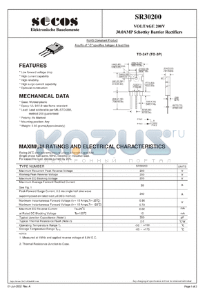 SR30200 datasheet - 30.0AMP Schottky Barrier Rectifiers