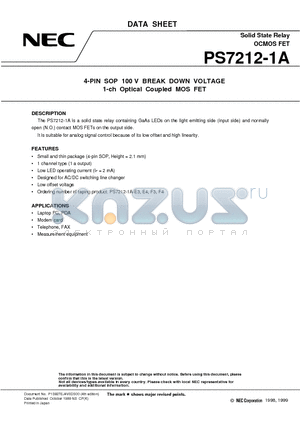 PS7212-1A-F3 datasheet - 4-PIN SOP 100 V BREAK DOWN VOLTAGE 1-ch Optical Coupled MOS FET