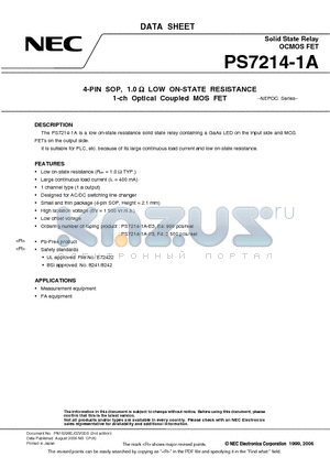 PS7214-1A-E3-A datasheet - 4-PIN SOP, 1.0 Y LOW ON-STATE RESISTANCE 1-ch Optical Coupled MOS FET