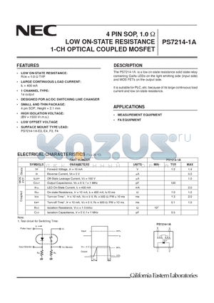 PS7214-1A-E4 datasheet - 4 PIN SOP, 1.0  LOW ON-STATE RESISTANCE 1-CH OPTICAL COUPLED MOSFET