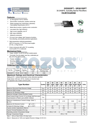 SR3020PT datasheet - 30.0AMPS. Schottky Barrier Rectifiers