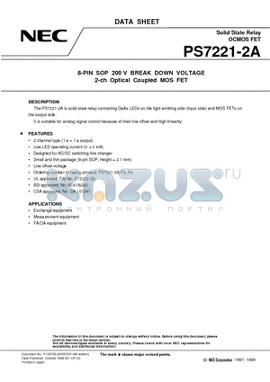 PS7221-2A datasheet - 8-PIN SOP 200 V BREAK DOWN VOLTAGE 2-ch Optical Coupled MOS FET