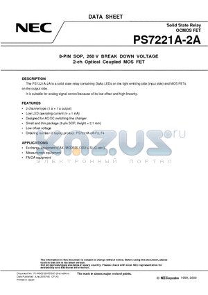 PS7221A-2A-F3 datasheet - 8-PIN SOP, 260 V BREAK DOWN VOLTAGE 2-ch Optical Coupled MOS FET