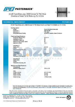 PE7342-30 datasheet - 30 dB Fixed Attenuator, SMA Female To TNC Male Directional Rated To 50 Watts Up To 18 GHz