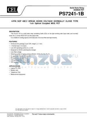 PS7241-1B datasheet - 4-PIN SOP 400 V BREAK DOWN VOLTAGE NORMALLY CLOSE TYPE 1-ch Optical Coupled MOS FET