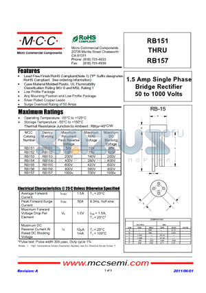 RB-156 datasheet - 1.5 Amp Single Phase Bridge Rectifier 50 to 1000 Volts