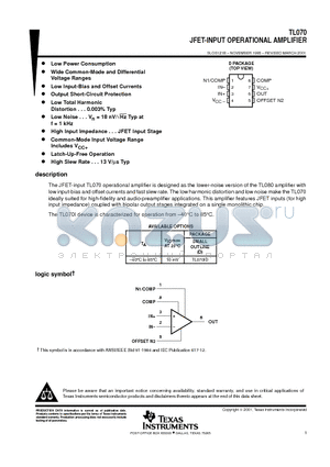 TL070 datasheet - JFET-INPUT OPERATIONAL AMPLIFIER