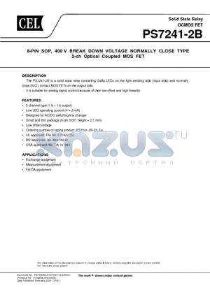 PS7241-2B datasheet - 8-PIN SOP, 400 V BREAK DOWN VOLTAGE NORMALLY CLOSE TYPE 2-ch Optical Coupled MOS FET