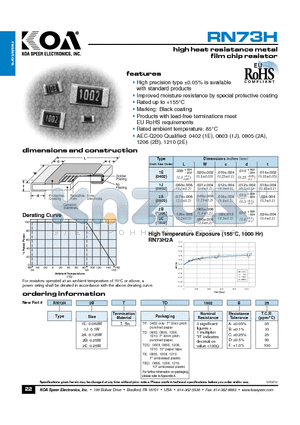 RN73H2BTTD1002B25 datasheet - high heat resistance metal film chip resistor