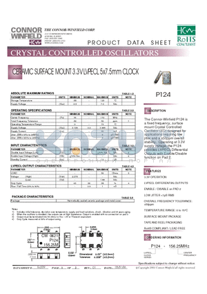 P124 datasheet - CERAMIC SURFACE MOUNT 3.3V LVPECL 5x7.5mm CLOCK