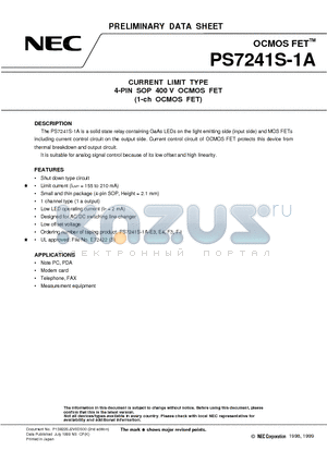 PS7241S-1A-F3 datasheet - CURRENT LIMIT TYPE 4-PIN SOP 400 V OCMOS FET 1-ch OCMOS FET