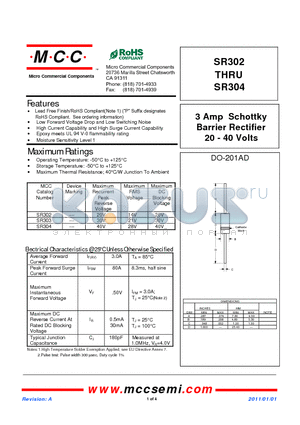 SR303 datasheet - 3 Amp Schottky Barrier Rectifier 20 - 40 Volts