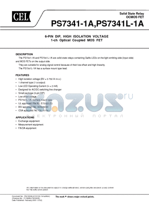 PS7341-1A datasheet - 6-PIN DIP, HIGH ISOLATION VOLTAGE 1-ch Optical Coupled MOS FET