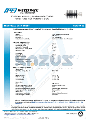 PE7359-50 datasheet - 50 dB Fixed Attenuator, SMA Female To 7/16 DIN Female Rated To 25 Watts Up To 6 GHz