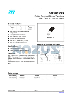 P12IE90F4 datasheet - Emitter Switched Bipolar Transistor ESBT 900 V - 12A - 0.083 ohm