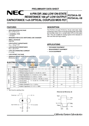 PS7341A-1B datasheet - 6-PIN DIP, 20ohm LOW ON-STATE RESISTANCE 100 pF LOW OUTPUT CAPACITANCE 1-ch OPTICAL COUPLED MOS FET