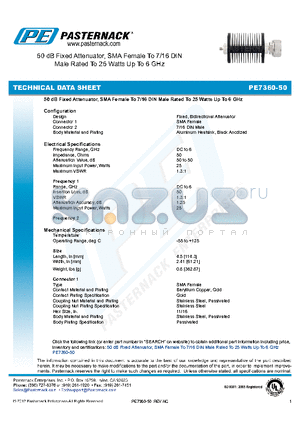 PE7360-50 datasheet - 50 dB Fixed Attenuator, SMA Female To 7/16 DIN Male Rated To 25 Watts Up To 6 GHz