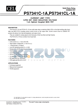 PS7341C-1A-A datasheet - CURRENT LIMIT TYPE 6-PIN DIP, HIGH ISOLATION VOLTAGE 1-ch Optical Coupled MOS FET