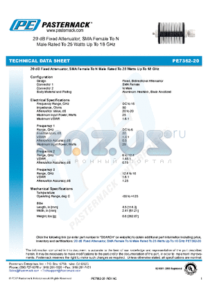 PE7362-20 datasheet - 20 dB Fixed Attenuator, SMA Female To N Male Rated To 25 Watts Up To 18 GHz