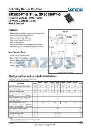 SR3030PT-G datasheet - Schottky Barrier Rectifier