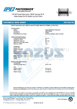 PE7362-50 datasheet - 50 dB Fixed Attenuator, SMA Female To N Male Rated To 25 Watts Up To 8 GHz