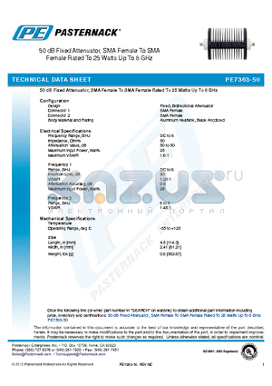 PE7363-50 datasheet - 50 dB Fixed Attenuator, SMA Female To SMA Female Rated To 25 Watts Up To 8 GHz