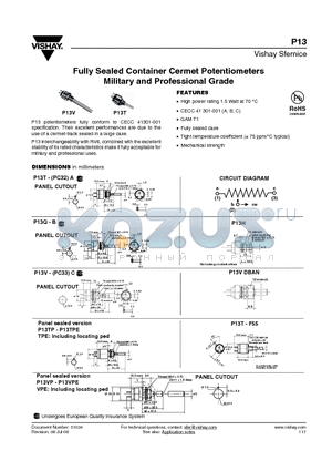 P13 datasheet - Fully Sealed Container Cermet Potentiometers Military and Professional Grade